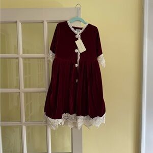 Elegant Burgundy Velvet Kids Dress with Lace Trim